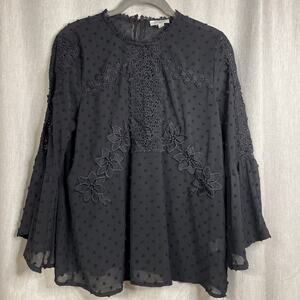 Umgee Women’s Black Blouse Size Small - 3/4 Bell Sleeve Boho Lace/Embroidered